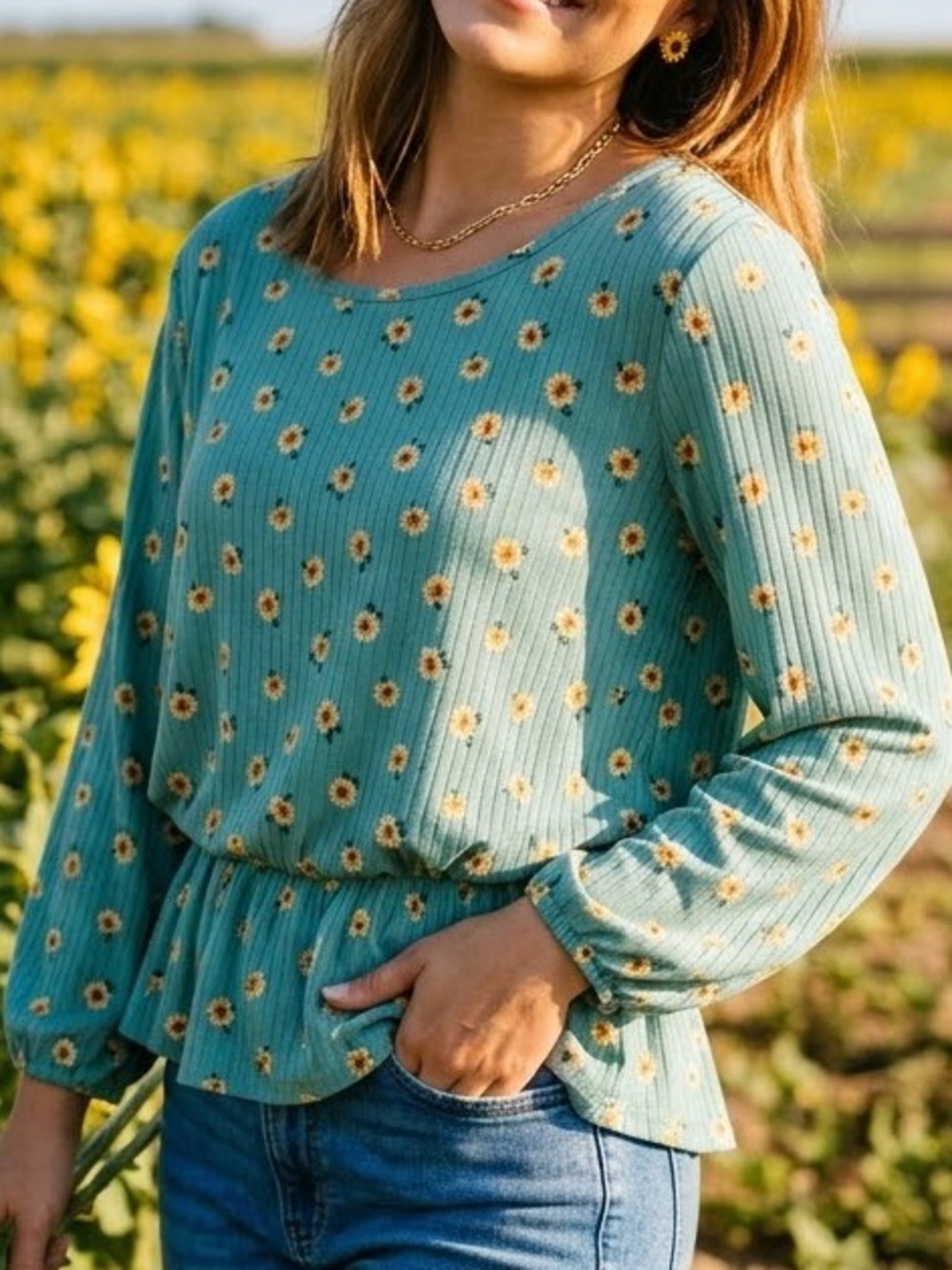 Acting Pro Teal Floral Ribbed Peplum Long-Sleeve Top NWT